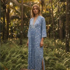 Ro’s Garden Blue Floral Kimono Cotton Maxi Dress M/L